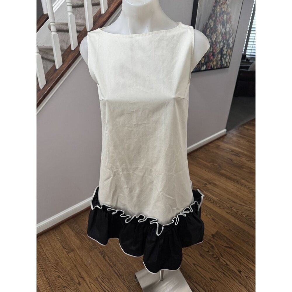HUISHAN ZHANG Drop Waist Ruffled Cotton Mini Dress White Black Size 6